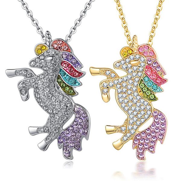 

trendy unicorn horse crystal pendant necklace for women children girls fashion rhinestone necklaces gifts, Silver
