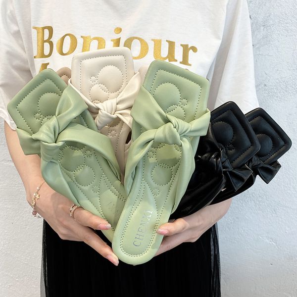 

shoes ladies' slippers butterfly-knot square toe slides slipers women flat 2020 soft pu fabric basic flat shoes, Black