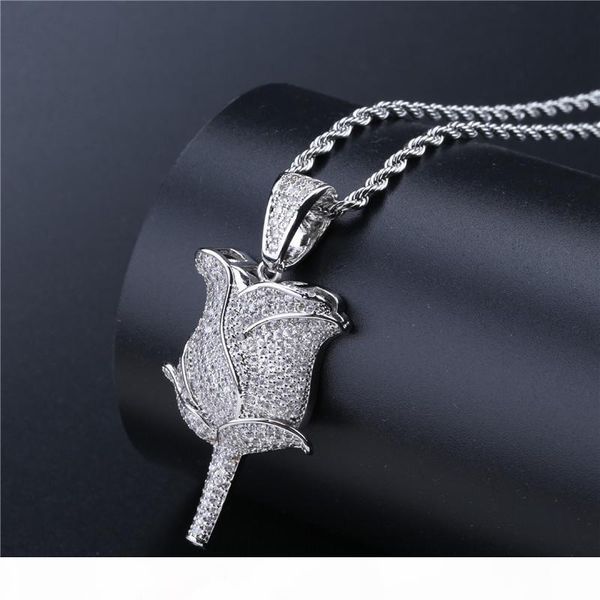 

brand jewelry full diamond cubic zirconia ice out necklace gold men women cool rose flower pendant necklaces, Silver