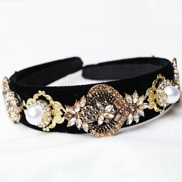 

charm velvet geometry crystal baroque headband gem queen crown tiara pearl headwear wedding hair jewelry fashion christmas gift, Golden;white