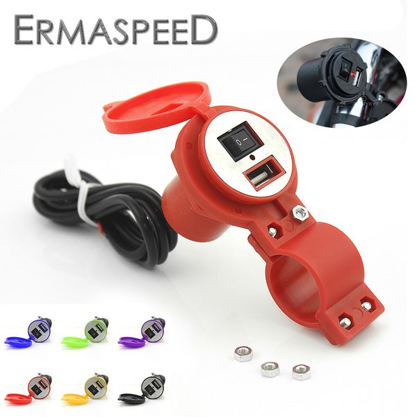 

7/8" 22mm motorcycle handlebar usb charger with switch 5v 2.0a waterproof housing led indicator gps mp3 cellphone power adapter