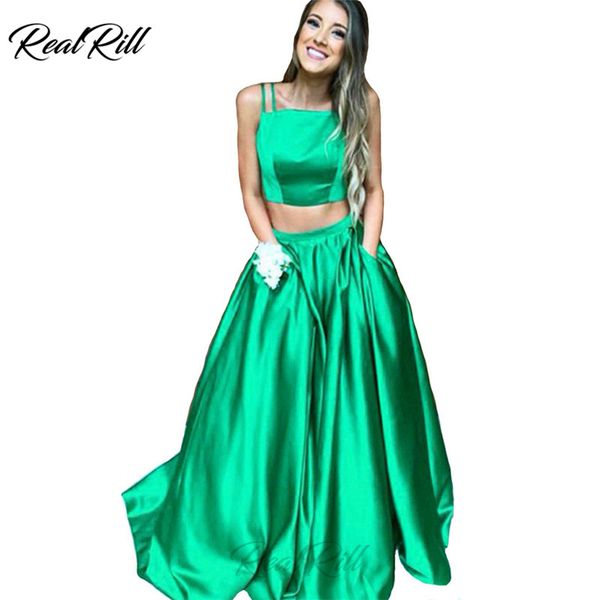 

real rill two piece prom dresses long satin sweep train floor length a line dress party with pockets, White;black