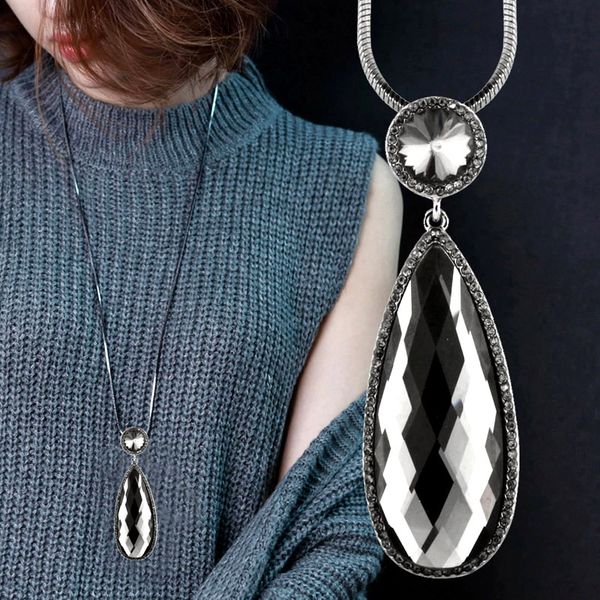 

sinleery vintage waterdrop pendant necklace black gun color big zircon crystal long chain necklace for women jewelry my067 ssd, Silver