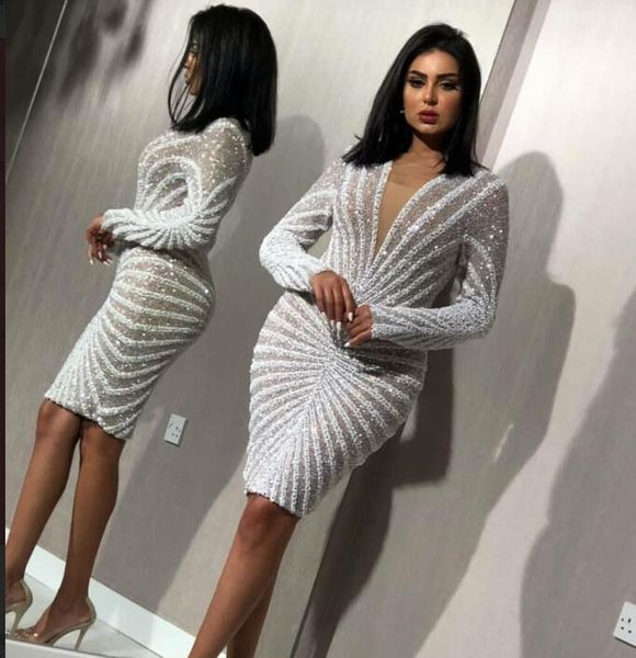 

evening dress short dress long sleeve v-neck beads sheath yousef aljasmi haifa party dresses 0053, Red