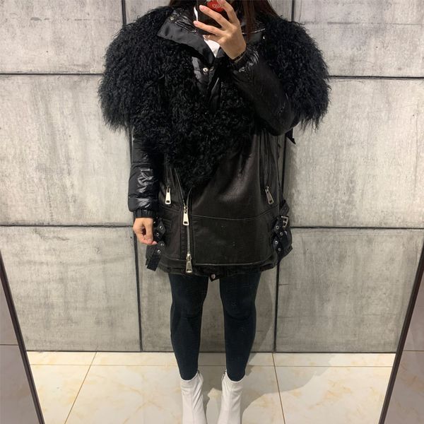 

lady leather jacket lamb fur collar splicated with down, Black