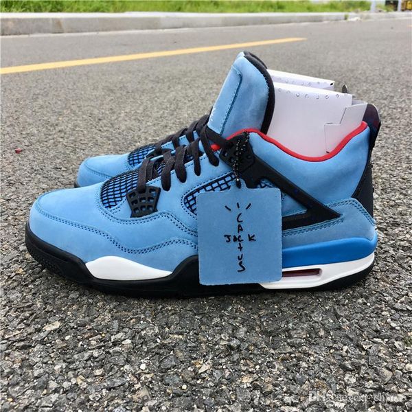 

2018 release authentic 4 travis scott x 4s iv cactus jack men basketball shoes blue suede sports sneakers with original box 308497-406, White;red