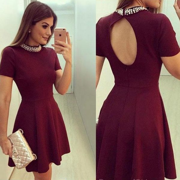 

mini bridesmaid dress satin prom dresses burgundy homecoming dress short sleeve graduation dresses open back cocktail dress, White;pink