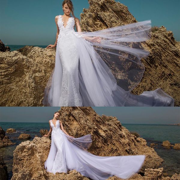 

берта свадебные платья 2020 sexy глубокий v шеи кружева аппликации русалка свадебные платья сшитое развертки поезд свадебное платье vestidos, White