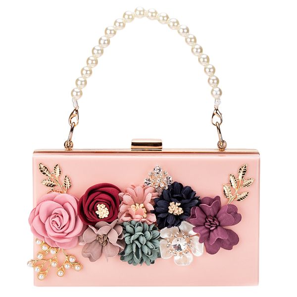 

luxury dinner party bag three-dimensional pearl flower tote/small square bag/clutch pink