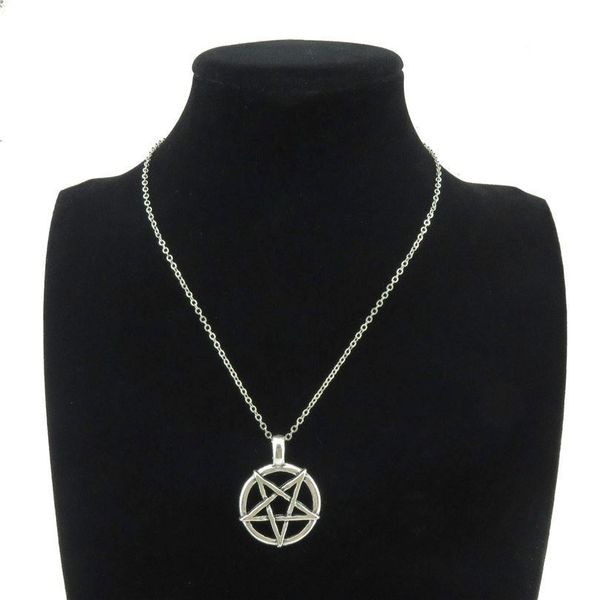 

r839 8-2 silver pentagram witch star pendant short chain collar necklace 18
