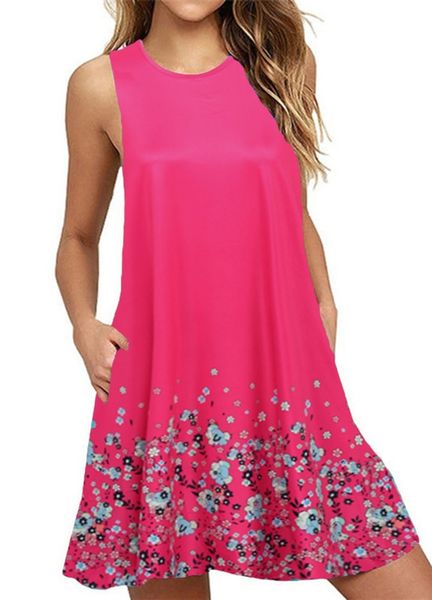 

women sleeveless dress flora print round neck pocket loose casual mini dress g11816ro-xl, Black;gray