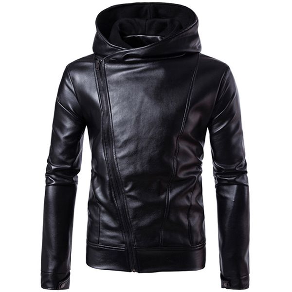 

brand tactical pu leather jacket men oblique zipper turtleneck hooded collar motorcycle leather jacket male jaqueta de couro, Black