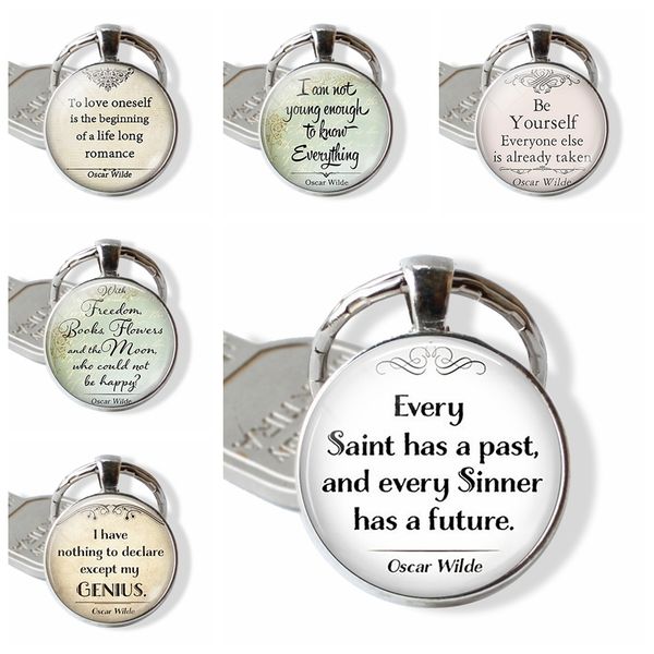 

oscar wilde quote keychain inspirational quote glass cabochon metal key chains fashion glass pendant for men women, Silver