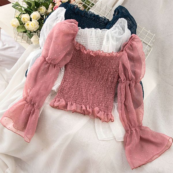 

2019 summer new chiffon women blouse and shirts solid puff sleeved slash neck slim lady shirts outwear coat 0.075, White