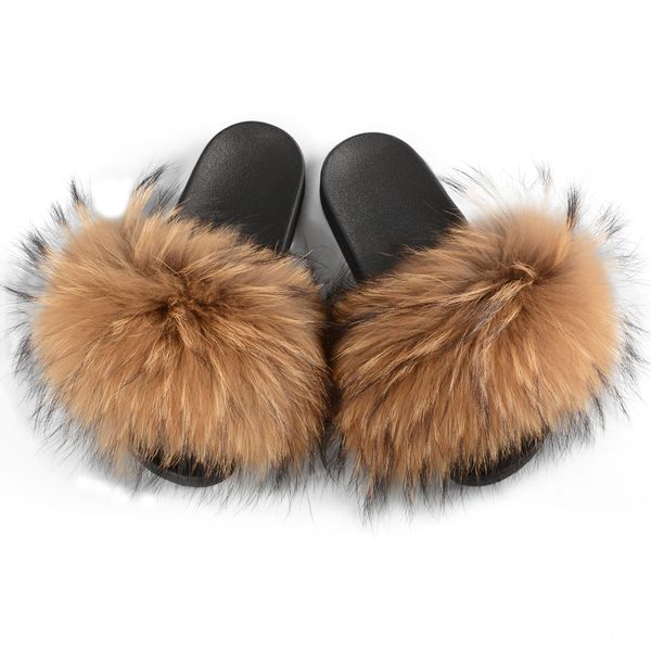 

stable quality raccoon fur soft sandals wholesale women slippers natural color fur slides, Black