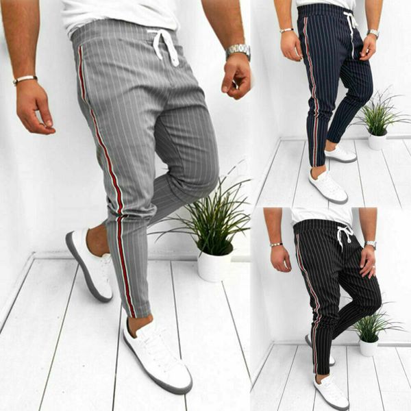 

fashion men's striped slim fit sport pants twill jogger long trousers tracksuit fitness workout joggers gym sweatpants, Black