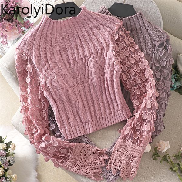 

2020 new spring autumn women knitted pullovers mesh patchwork sweater female hollow out puff sleeve knitwear short, White;black