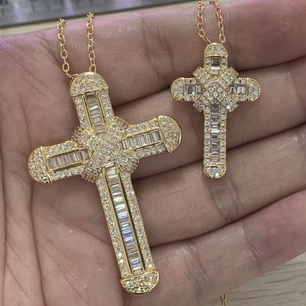 Novas Joias Finas Brilhantes Feitas à Mão Prata Esterlina 925 Preenchimento Dourado Grande Pequeno Pingente de Cruz Cristianismo Festa Clavícula Colar Feminino Presente