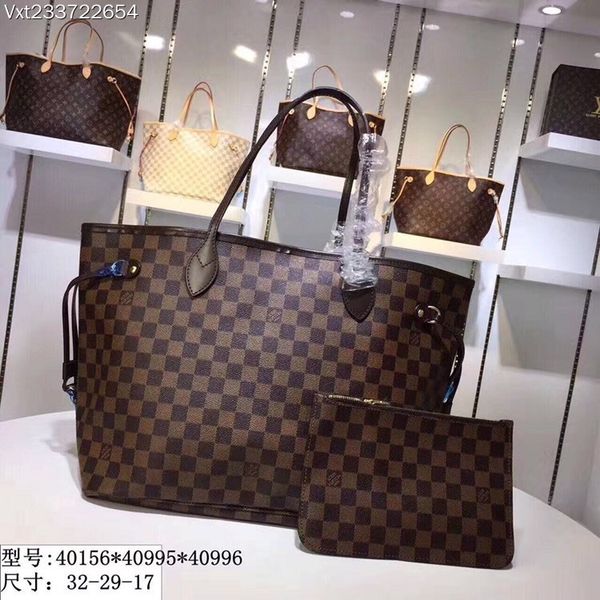 

Tide l letter neverfull leather handbag black checker bag printing pur e women fa hion bag girl hopping bag