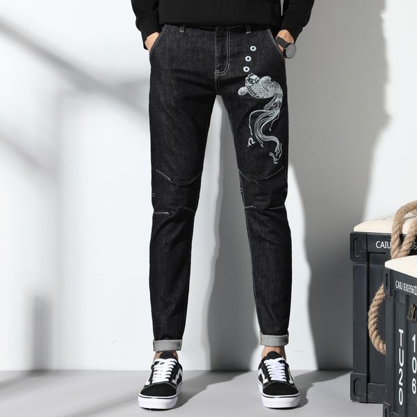 

new black mens jeans spliced embroidery skinny jeans men elastic stretch slim pants hip hop streetwear spring autumn winter, Blue