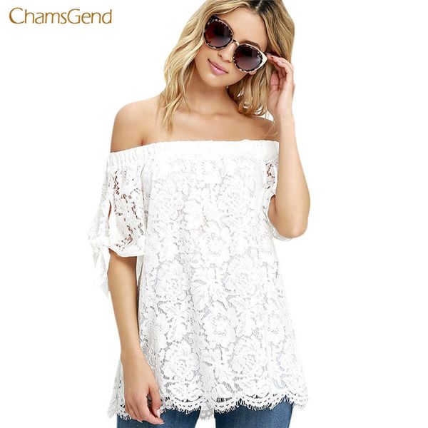 

chamsgend women lace blouse off shoulder summer shirts slash neck bow tie puff sleeve casual female blouse ing, White