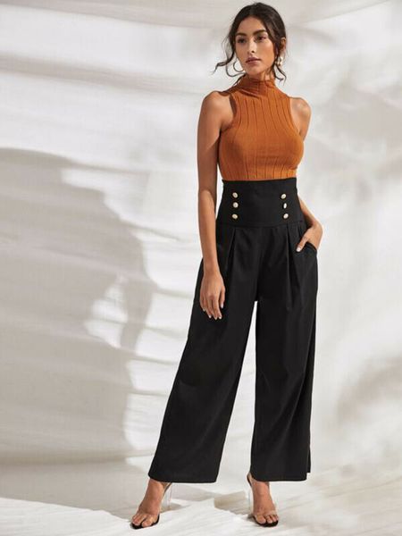 

fashion womens palazzo pants culottes loose high waist wide solid leg long trousers solid button work summer autumn 2020 new, Black;white