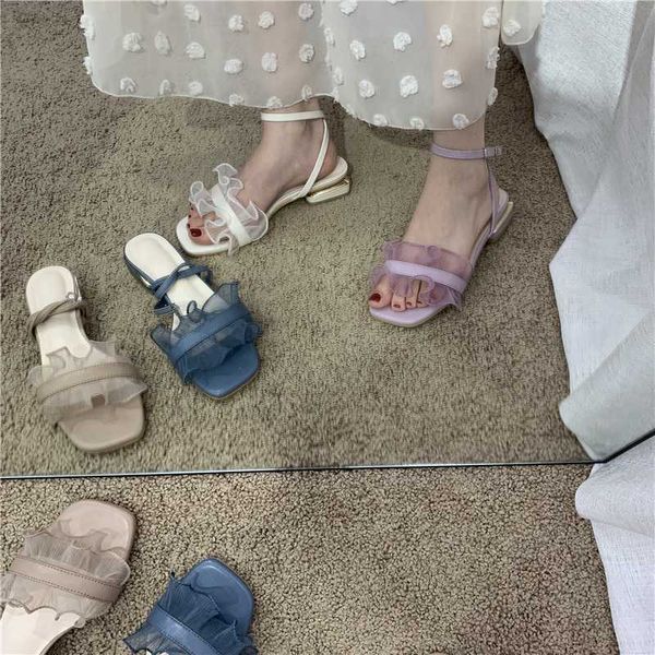 

one word with sandals female 2020 new summer lotus leaf wild fairy style low heel flat shoes female fashion sandals, Black