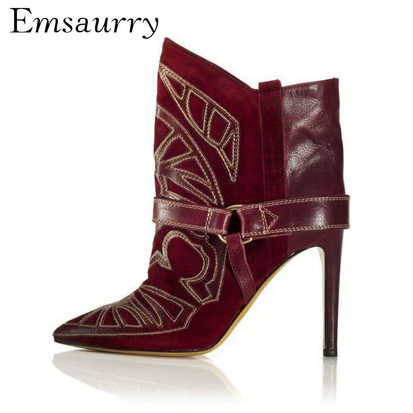 

antique claret suede sewing ankle boots women stiletto heel pointed toes embroidery belt runway short booties for woman, Black