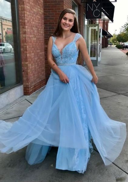 

light sky blue tulle evening prom dresses long lace applique crystal sequins beaded formal party pageant dress gown cheap, Black;red
