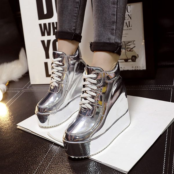 

autumn women flat platform boots woman12 cm high heels height increasing shoes lace up gold silvery wedges martion boots md-39, Black
