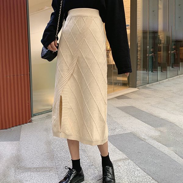 

winter knitted skirt women vintage elegant a line skirt rhombus long midi skirts split high waist large elasticity design w123, Black
