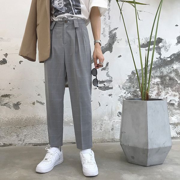 

men harajuku black gray pink fashion casual plaid suit pant male streetwear hip hop straight pants loose harem trousers, White;black
