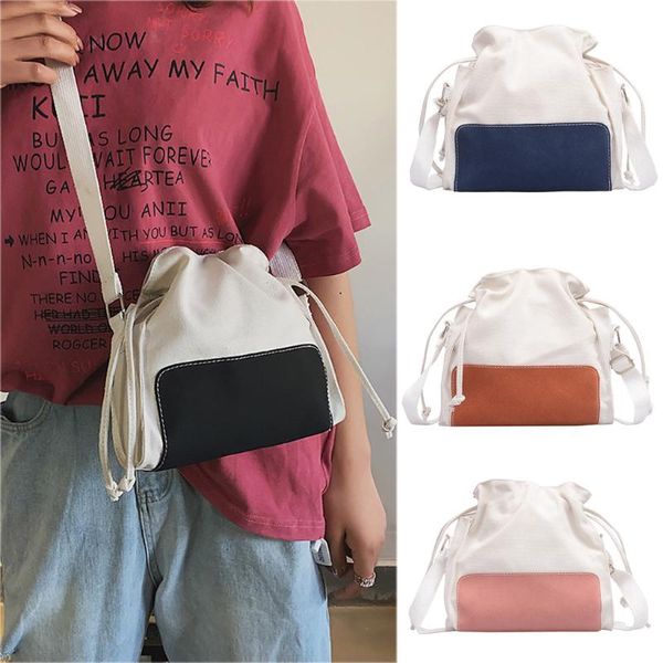 

women joker bucket bag canvas crossbody shoulder bags contrast color patchwork drawstring dumpling sac for teenager female purse