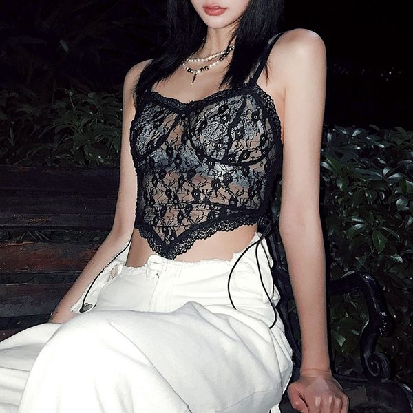 

women spaghetti strap tank camisole crop lace see trough mesh bustier irregular drawstring streetwear wt1736533, White