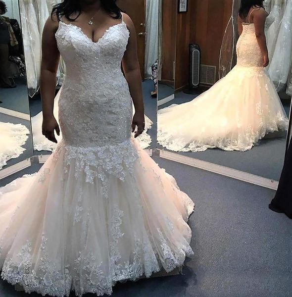 

arabic mermaid wedding dresses spaghetti strap backless lace appliques beaded vestido de novia black girls bridal gowns plus size wed dress, White