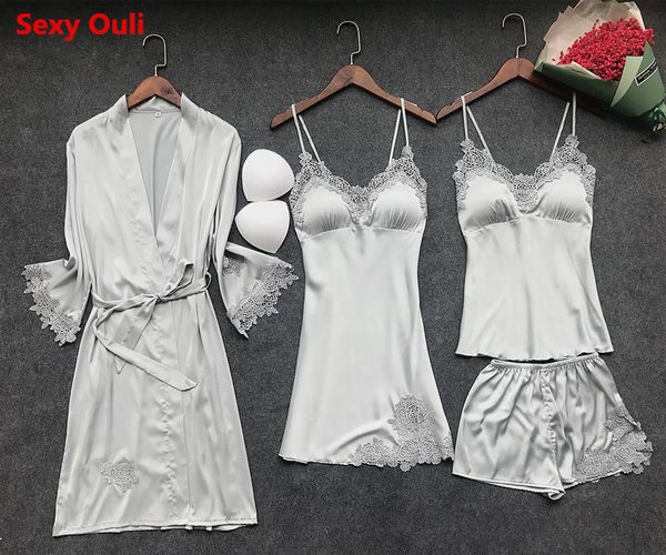 

robe sets 4 pieces robe+nightdress+shorts silk satin bathrobe set summer sleepwear lace nightwear set for women pijama, Blue;gray