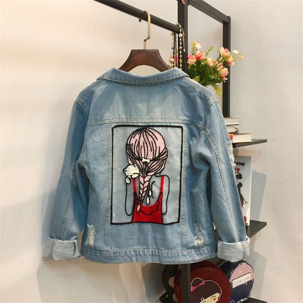 

2019 new spring big size women denim jackets lapel jeans jacket slim girl blue cartoon coats autumn lady basic coat feminino 356, Black;brown