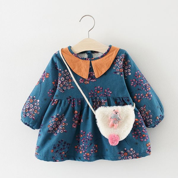 

floral vestido infantil baby dress autumn girls long sleeved dress cute baby winter clothes with bag little girls clothing, Red;yellow