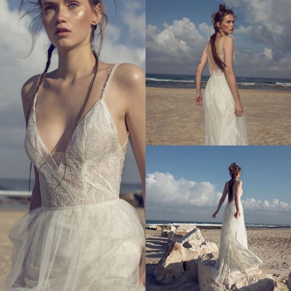 

dreamy a line wedding dresses tulle applique beads wedding dresses spaghetti backless sweep train bridal gowns vestidos de novia, White