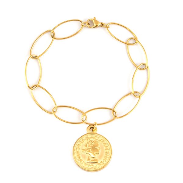 

gold/silver stainless steel coin medal pendant bracelet for women long o oval chain vintage style jewelry, Golden;silver