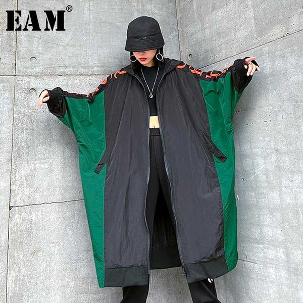 

eam] женщины black letter printed большой размер trench новый капюшоном с длинным рукавом сыпучие fit ветровка мода tide весна 2020 1r478, Tan;black