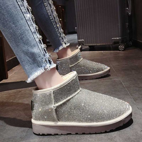 

winter plush snow boots women zapatos de mujer 2020 winter fashion ins shiny rhinestone slip on ankle boots thick soles, Black