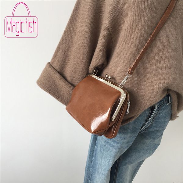

magic fish solid color women clip bags shoulder messenger bag retro crossbody bags pu leather phone purse clip 2020 kiss lock
