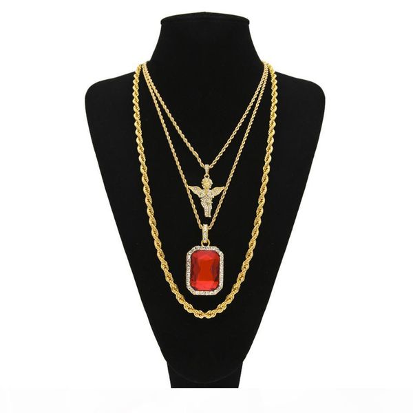 

men's hip hop jewelry set 30" long rope chain iced out full rhinestone angel with square red crystal pendant necklace 3 set