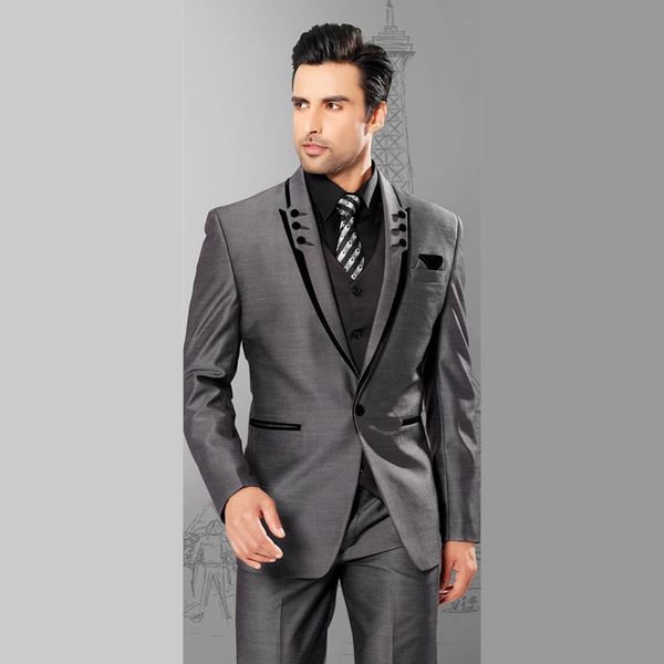 

2017 men suits slim fit peaked lapel tuxedos grey wedding suits with black lapel for men groomsmen one button 3 piece suit, White;black