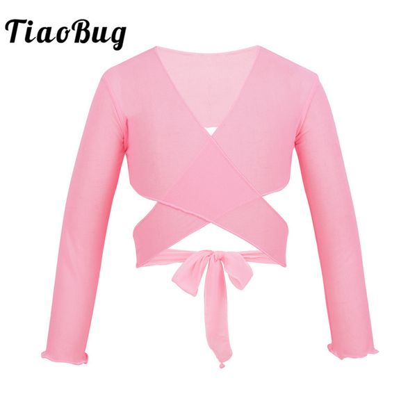 

tiaobug kids girls classic mesh ballet dance coat long sleeve stage lyrical dance costumes child gymnastics adjustable wrap top, Black;red