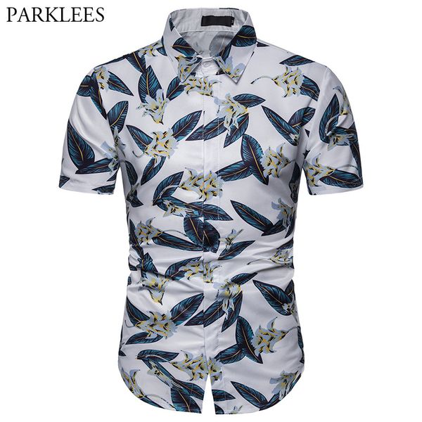 

2019 summer hawaiian beach shirt men short sleeve leaves print button down aloha shirts mens casual holiday party chemsie homme, White;black