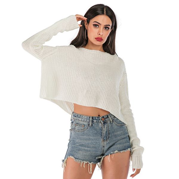 

women's knitwear pure color knitted short casual loose pullover sweater women woman, White