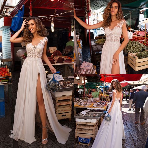 

lussano 2019 свадебные платья с v-образным вырезом и короткими рукавами кружевные аппликации из шифона свадебные платья с скользящим шлейфом, White