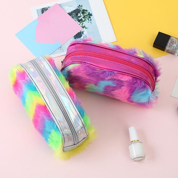 

rainbow colored plush pencil bag creative girl heart student school simple pencil case storage bag stationery supplies 2020